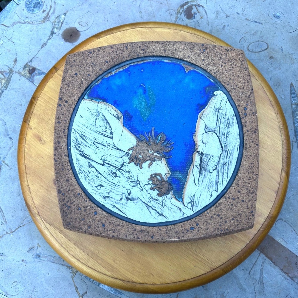 Vintage Stoneware Platter Blue Earthy Wabi Sabi Footed Ceramic Tray Dish‎ Fulton